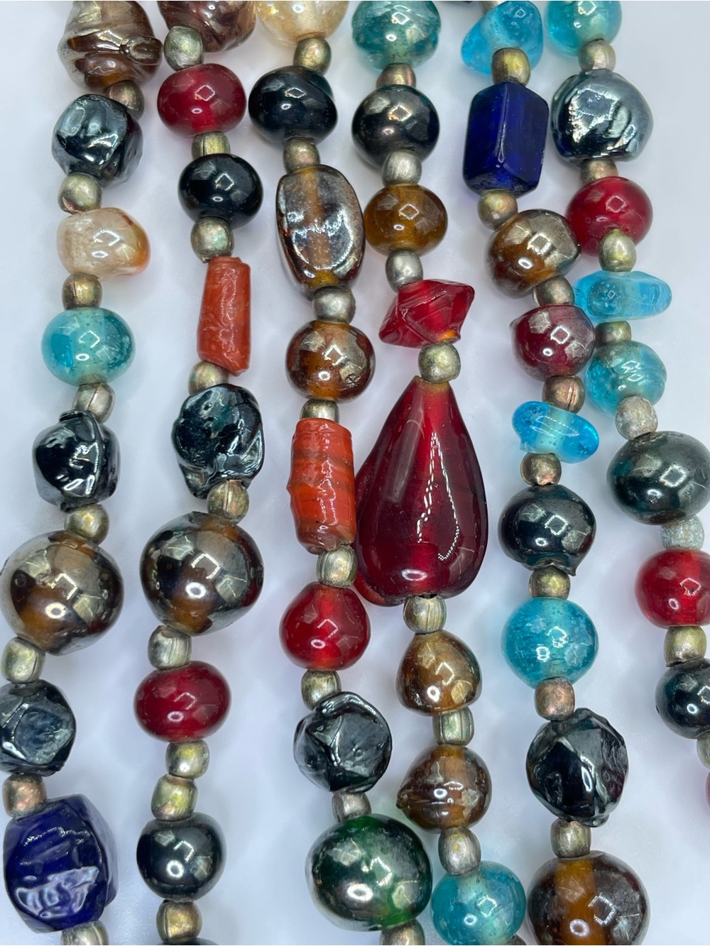 Multicolor Glass Beaded Long Continuous Necklace Silver Tone Boho Statement